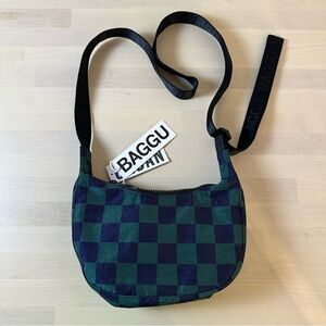 New BAGGU Small Nylon Crescent Bag Navy Green Check